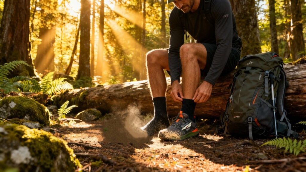 Hiker sitting on a log wearing Altra Lone Peak 7 to hit next hike.