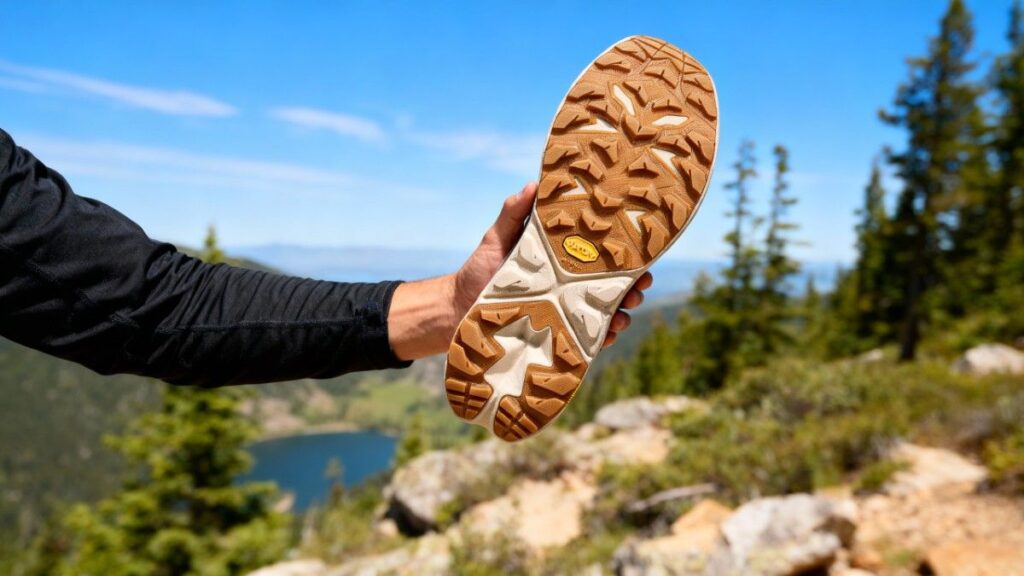 Hiker holding and showing outsole of HOKA Anacapa 2 Low GTX.