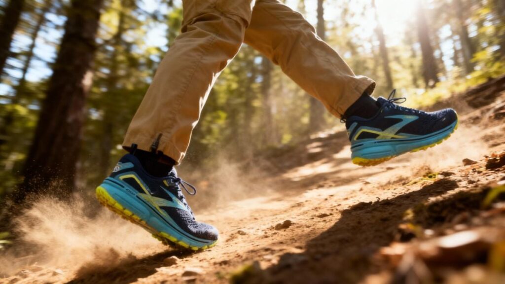 Hiker walking on a dirt trail with Brooks Ghost 15.