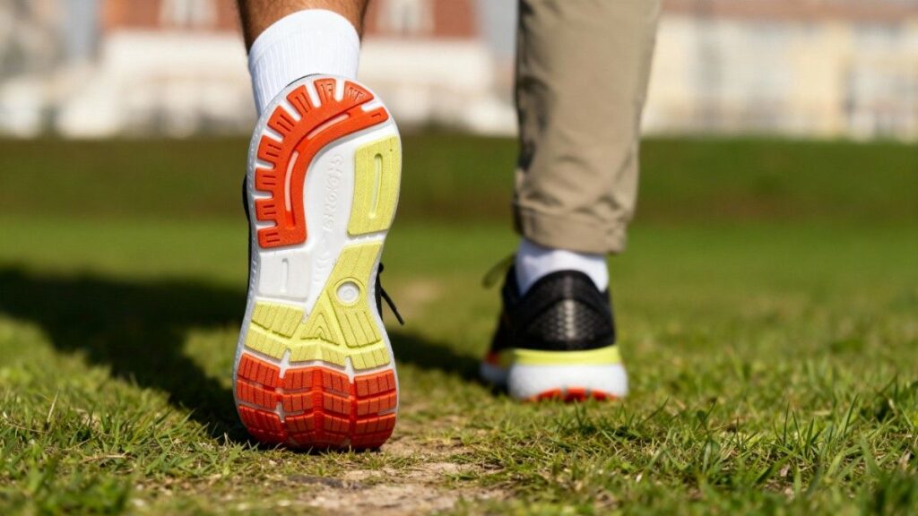 Outsole of Brooks Ghost 16 displayed while hiker walking on grassy surface.