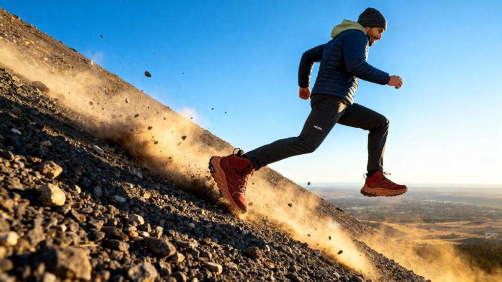 Hiker running down hill while wearing his HOKA Anacapa Mid GTX.