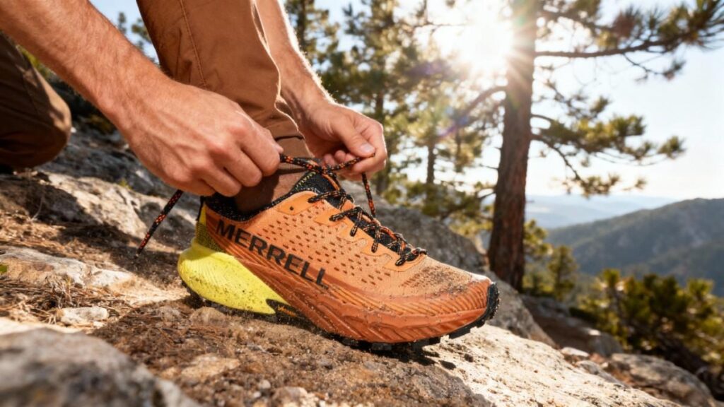 Hiker Lacing up his Merrell Agility Peak 5.