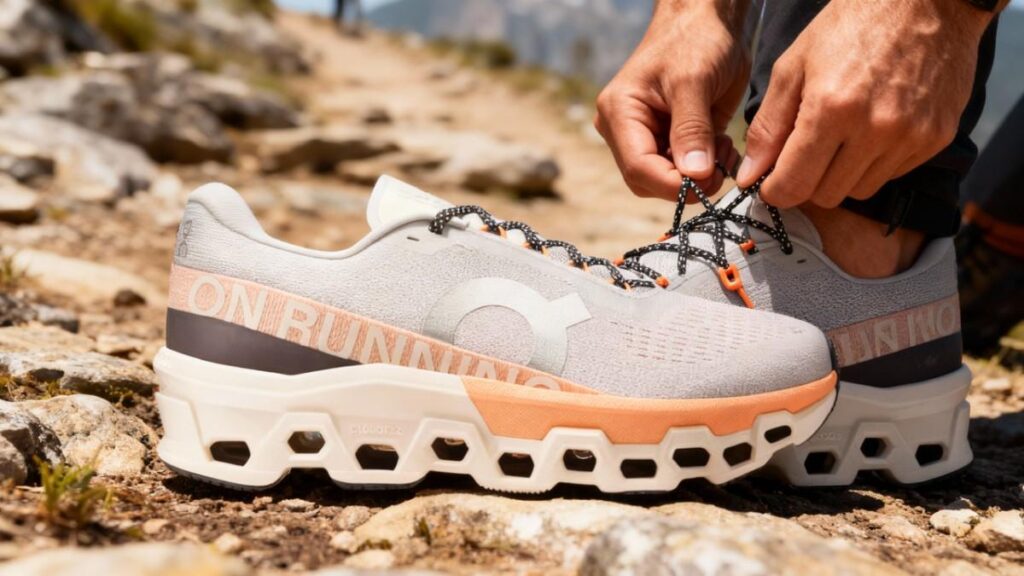 Hikerlacing up his On Cloudmonster 2 shoes.
