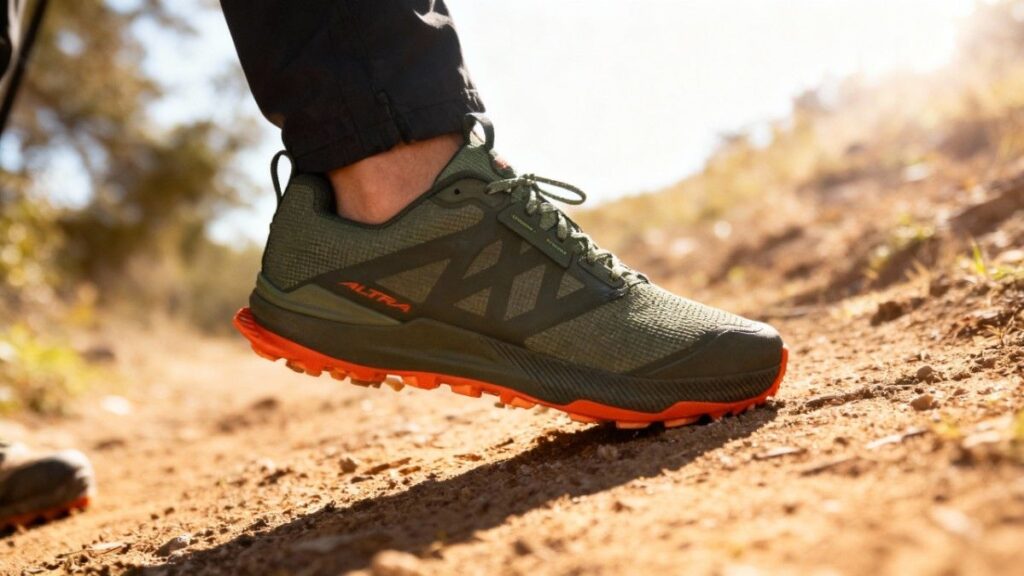 Leg shot of hiker wearing Altra Lone Peak 8.