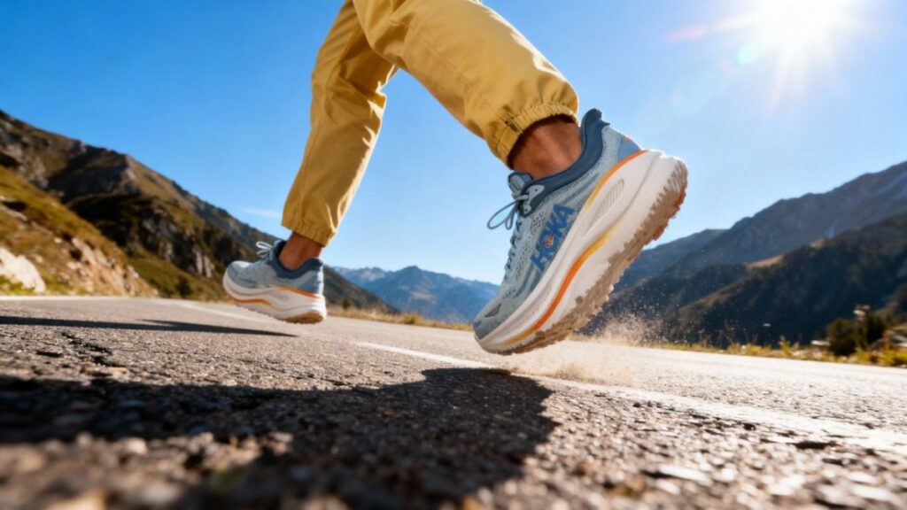 Legs only shot of hiker running on road while wearing HOKA Bondi 9.