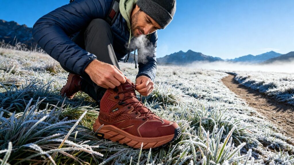 Hiker lacing up his HOKA Anacapa Mid GTX to start the hiking in cold.