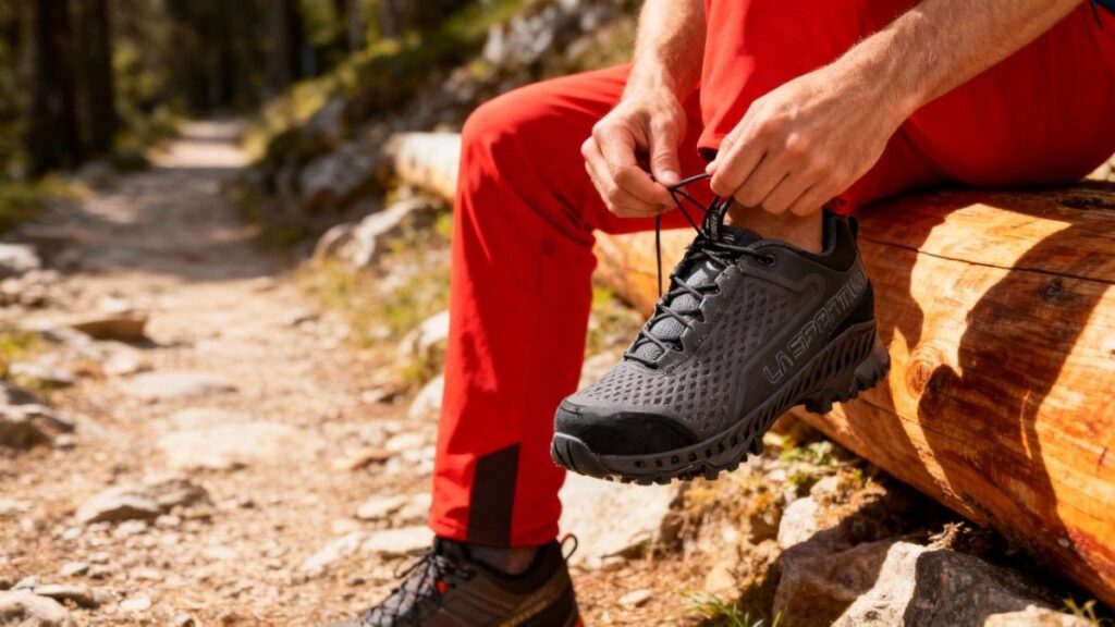legs shot of a hiker sitting on a log lacing up his La Sportiva Spire GTX.