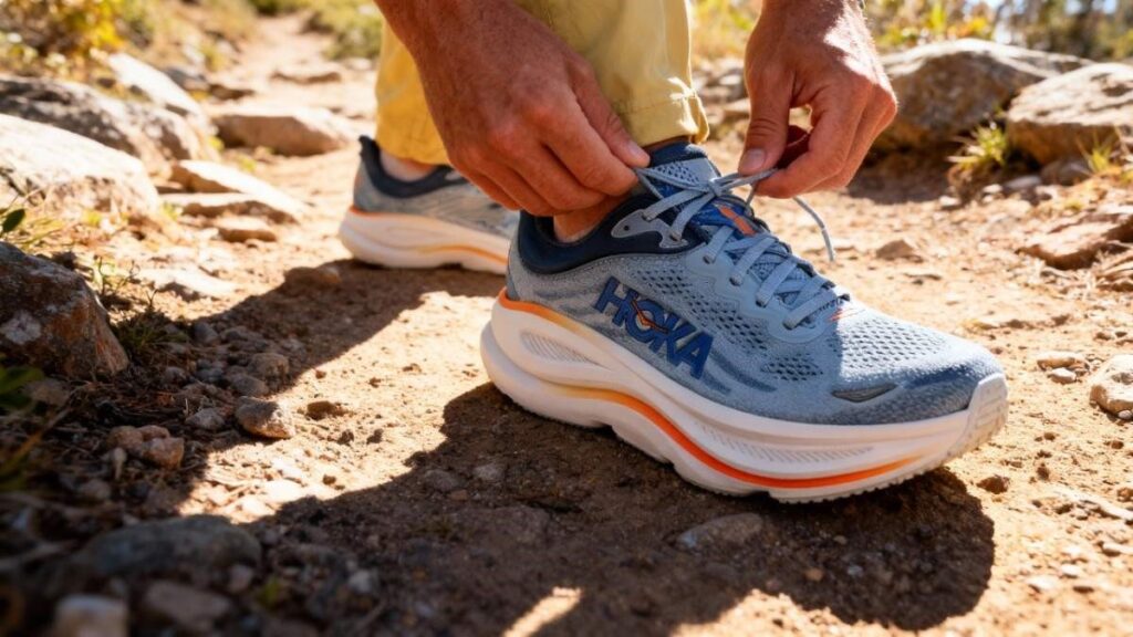 Close-up of hiker lacing up his HOKA Bondi 9.