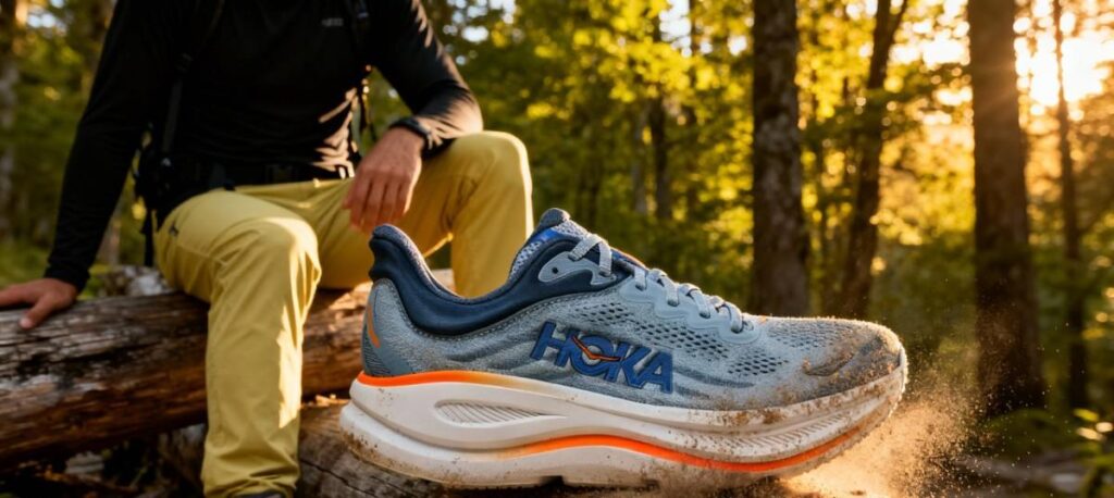 HOKA Bondi 9 displayed on a log.