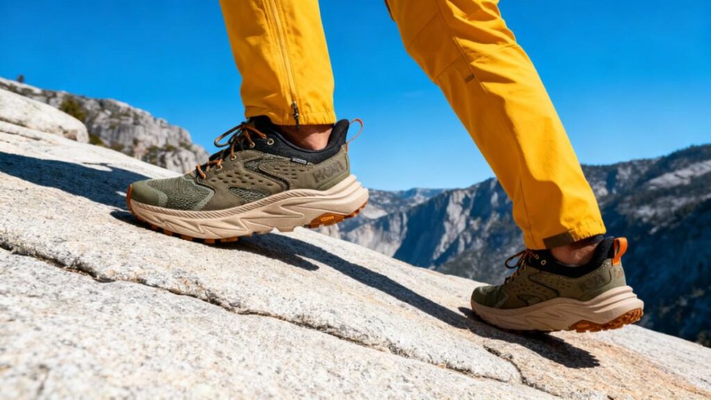 Legs only shot of hiker trekking uphill while wearing HOKA Anacapa 2 Low GTX.