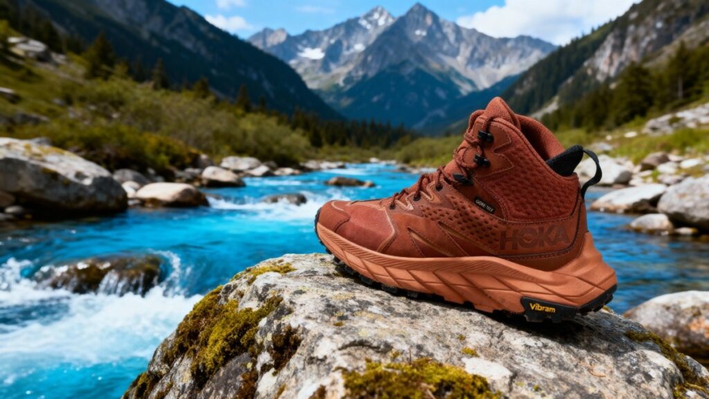 Hoka Anacapa Mid GTX displayed on a rock with blue water stream in background.