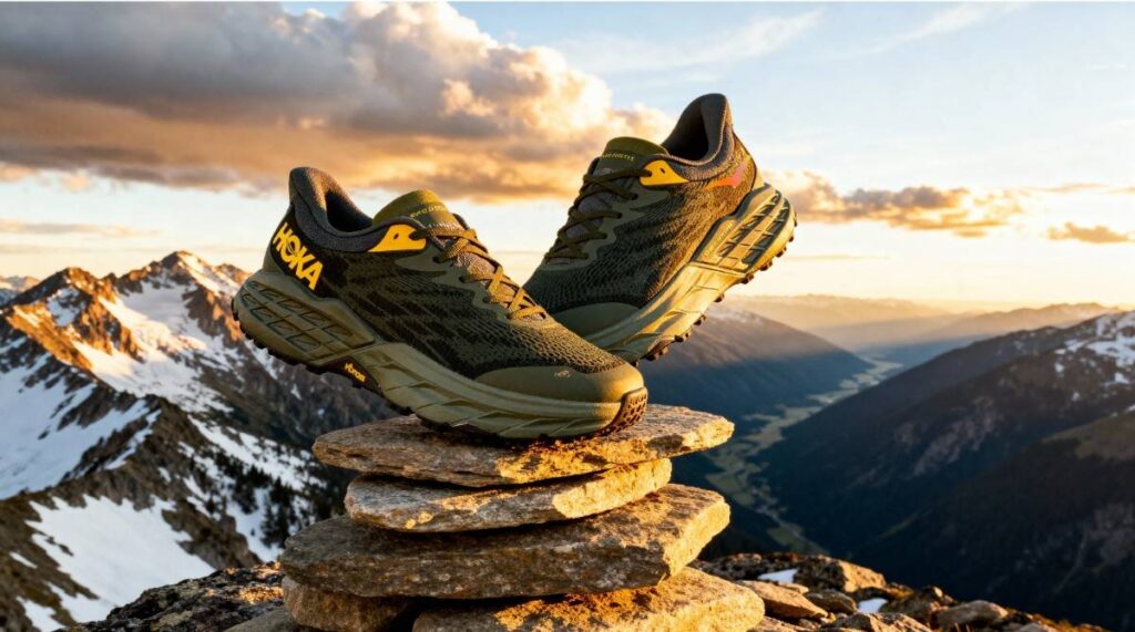 Hoka speedgoat 5 displayed on rock slabs in the golden hour with mountains in the background.