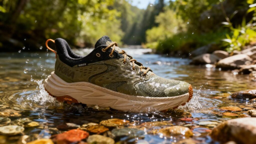 Close-up of HOKA Anacapa 2 Low GTX displayed within the water stream.