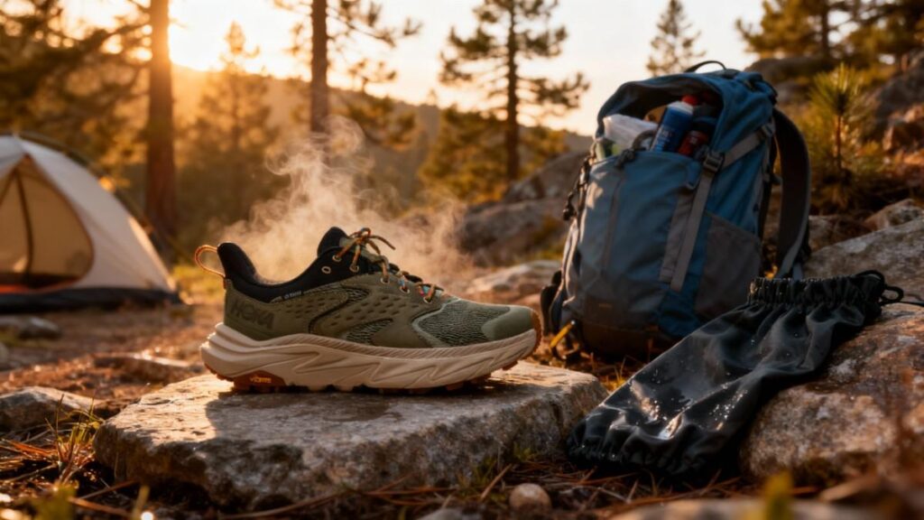 HOKA Anacapa 2 Low GTX placed with the hiking backpack beside the tent.