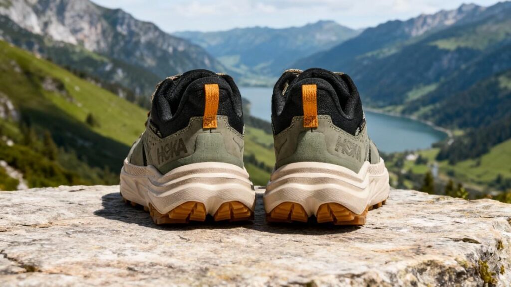 Back-side shot of HOKA Anacapa 2 Low GTX placed on a rock.