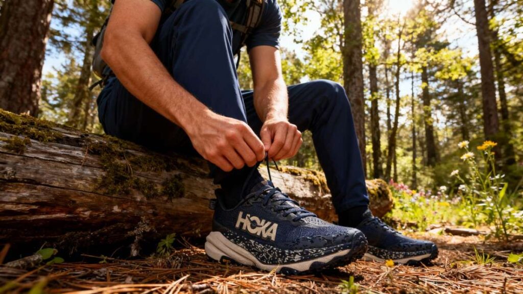 Hiker lacing his HOKA Speedgoat 6.