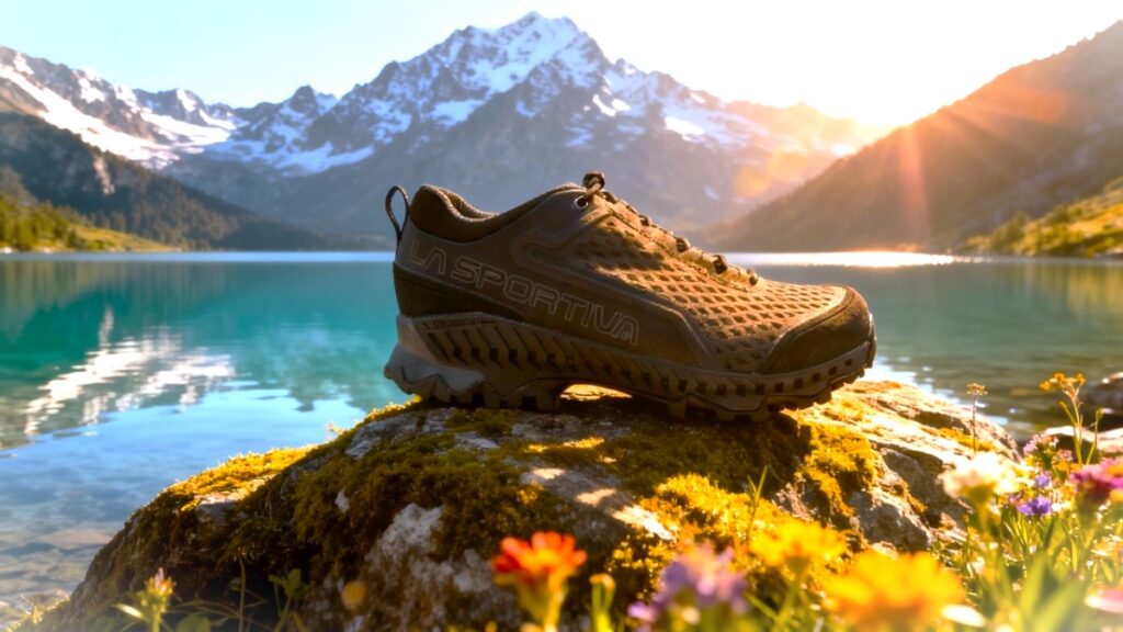 La Sportiva Spire GTX displayed on a rock with water lake and mountain in the background.