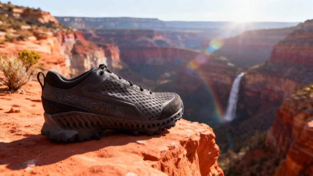 La Sportiva Spire GTX displayed on a mount ledge.