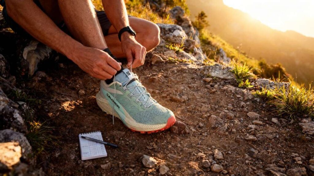 Hiker lacing up his Salomon Sense Ride 5.