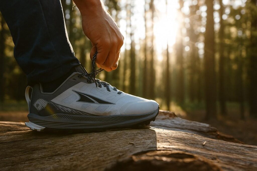 Hiker lacing up his Altra Lone Peak 9 on a rock.