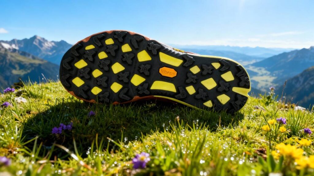 Outsole of Merrell Agility Peak 5 displayed on a green mount surface.