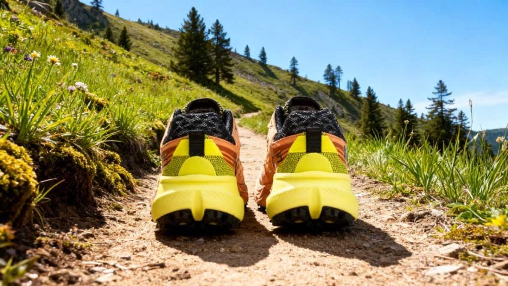 Backside view shot of Merrell Agility Peak 5 placed on a mount trail.
