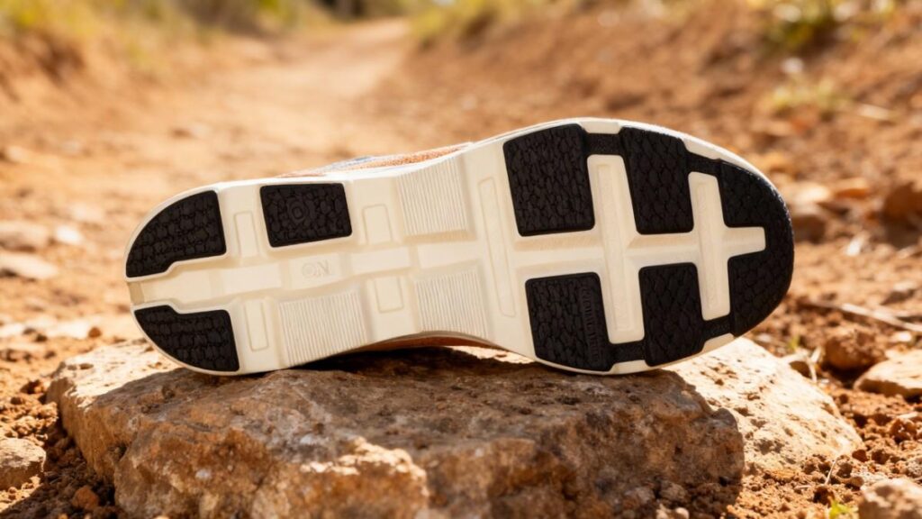 Close-up of outsole of On Cloudmonster 2 on a dirt trail rock.