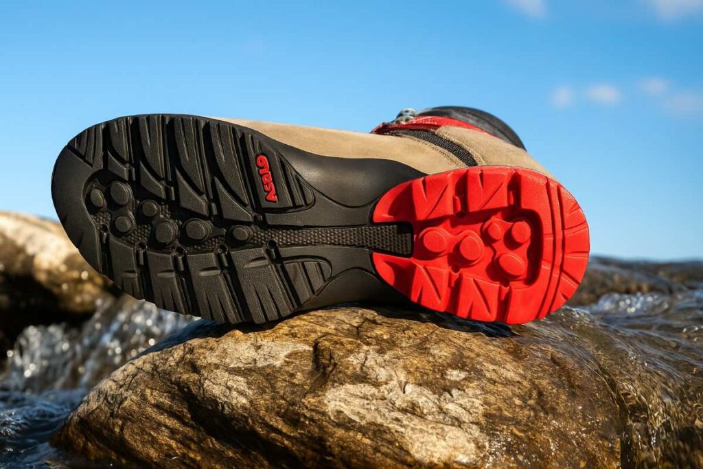 Outsole of Asolo Fugitive GTX placed on a rock.