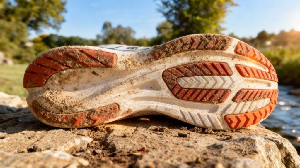 Outsole of Saucony Ride 15 placed in outdoor environment.