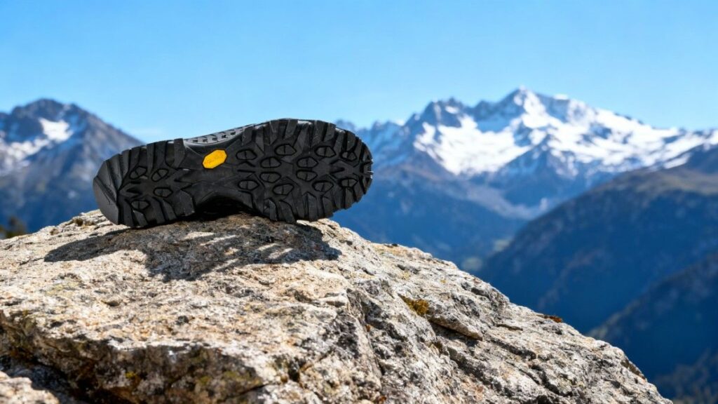 Outsole of La Sportiva Spire GTX displayed on a rock under blue sky.