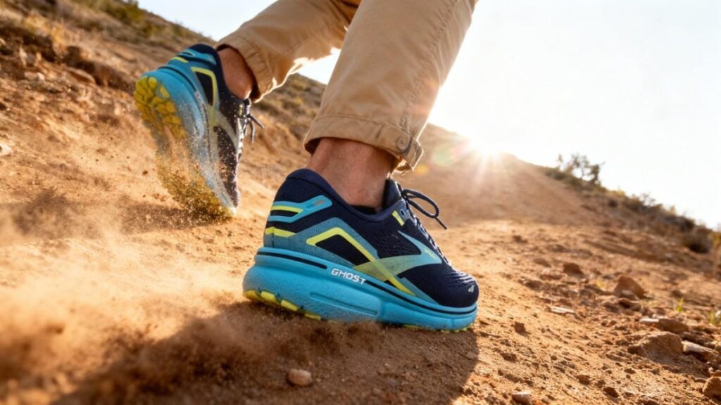 Heels view shot of hiker wearing Brooks Ghost 15.