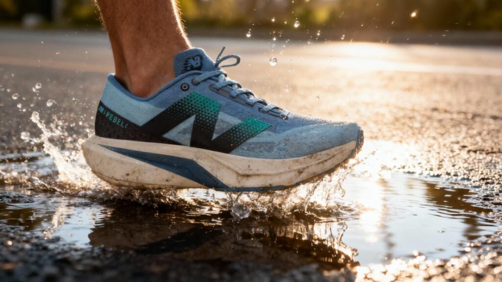 hiker crossing puddle with New Balance FuelCell Rebel v4.