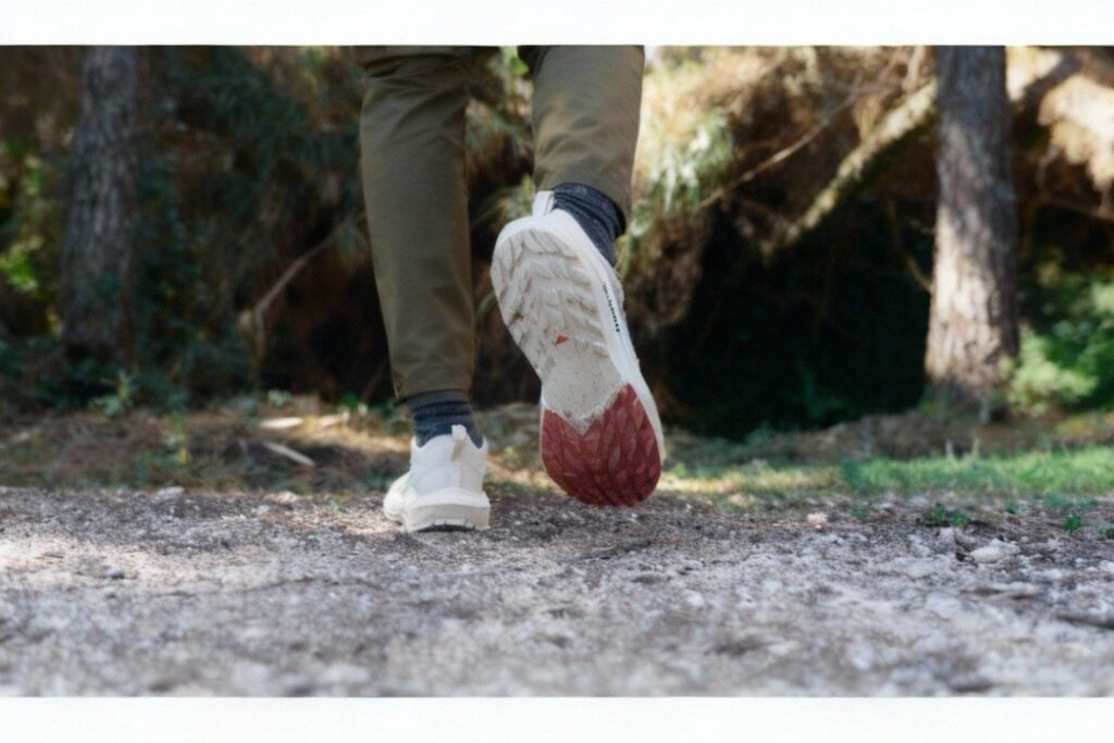 Back angle view of hiker walking with Salomon Sense Ride 5.