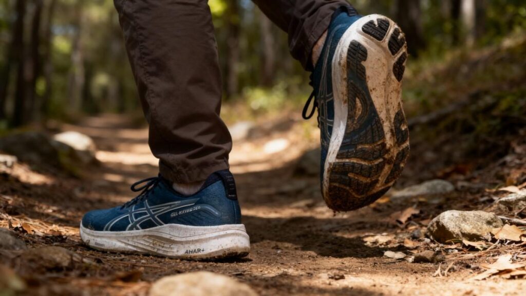Back Action shot of hiker wearing ASICS GEL-KAYANO 32.