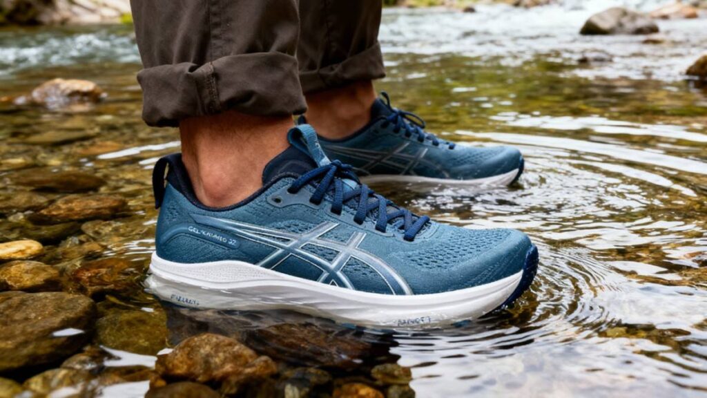 Hiker staning firm in a water stream while wearing ASICS GEL-KAYANO 32.