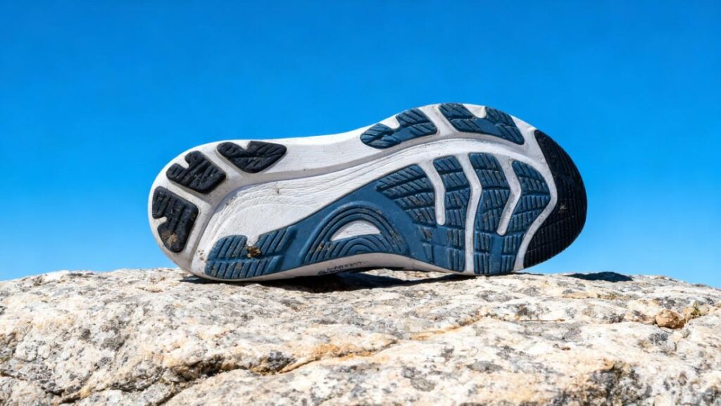 Outsole of ASICS GEL-KAYANO 32 placed on a rock surface.