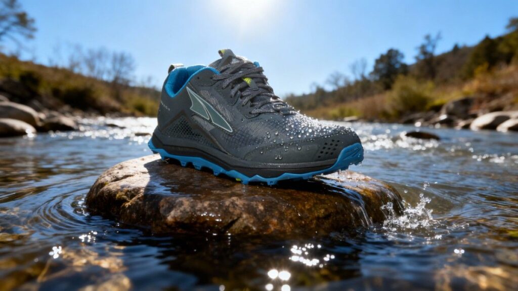 Altra Lone Peak 5's shoe placed on a rock in a water stream. 