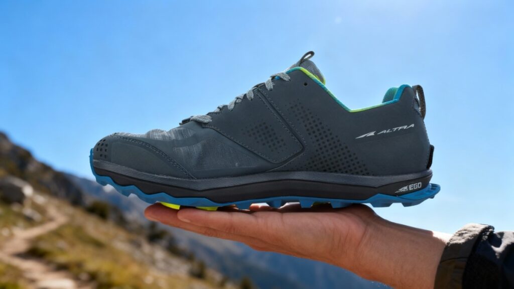 Altra Lone Peak 5 placed on hiker's palm.