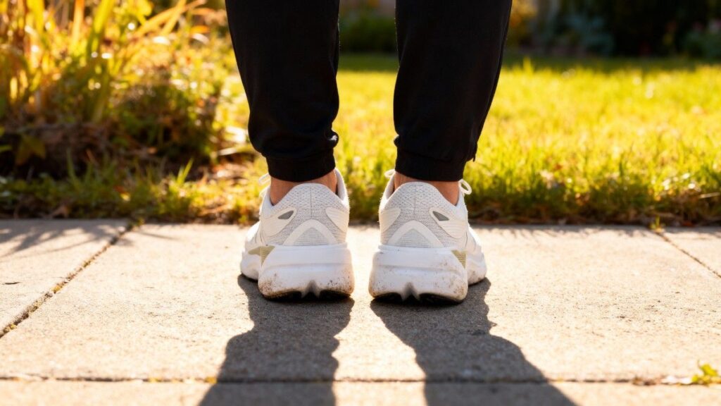 Heels view shot of hiker wearing Brooks Ghost Max 3.