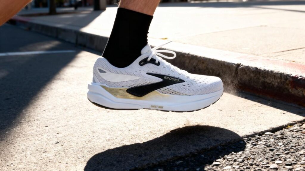 Low angle side action shot of hiker's leg wearing Brooks Ghost Max 3. 