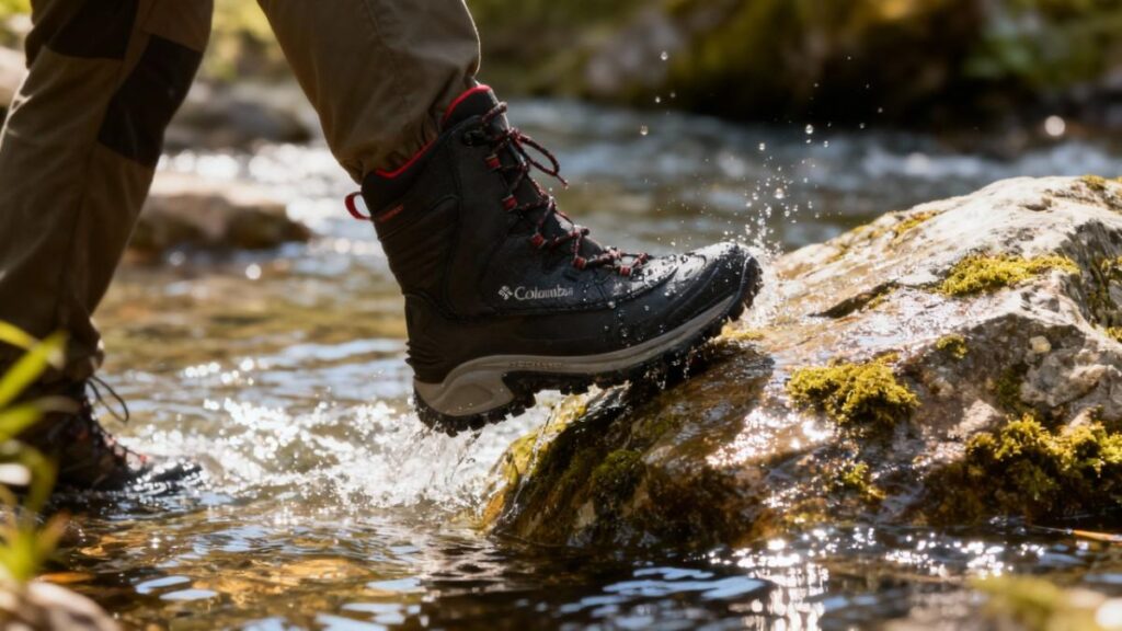 Hiker crossing water stream with Columbia Bugaboot III.