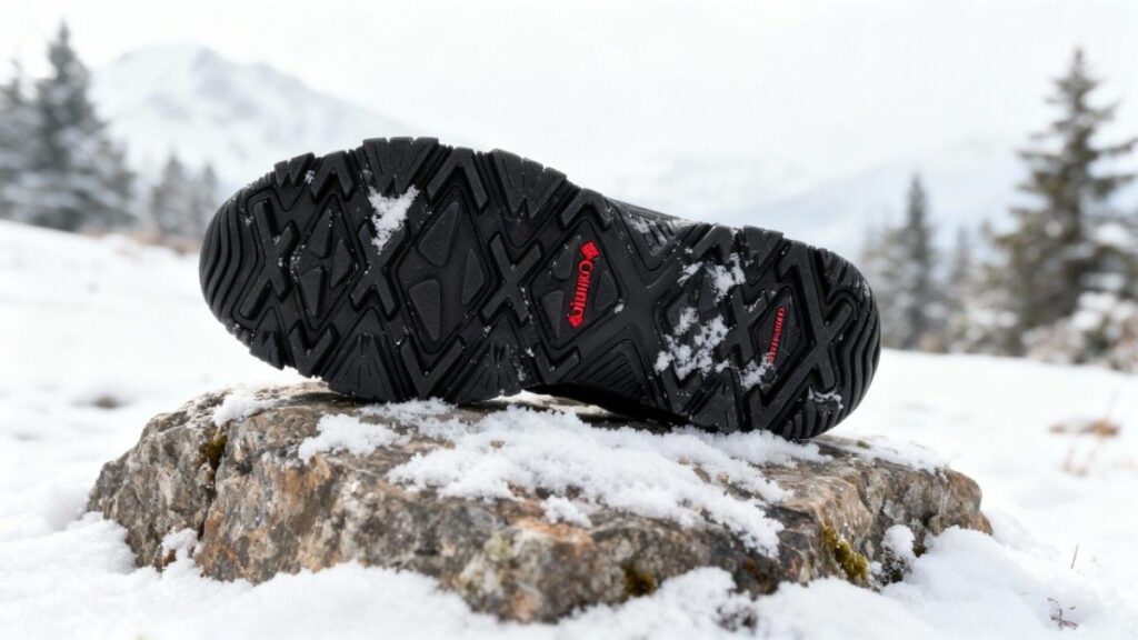 Outsole of Columbia Bugaboot III placed on a rock in snow terrain. 