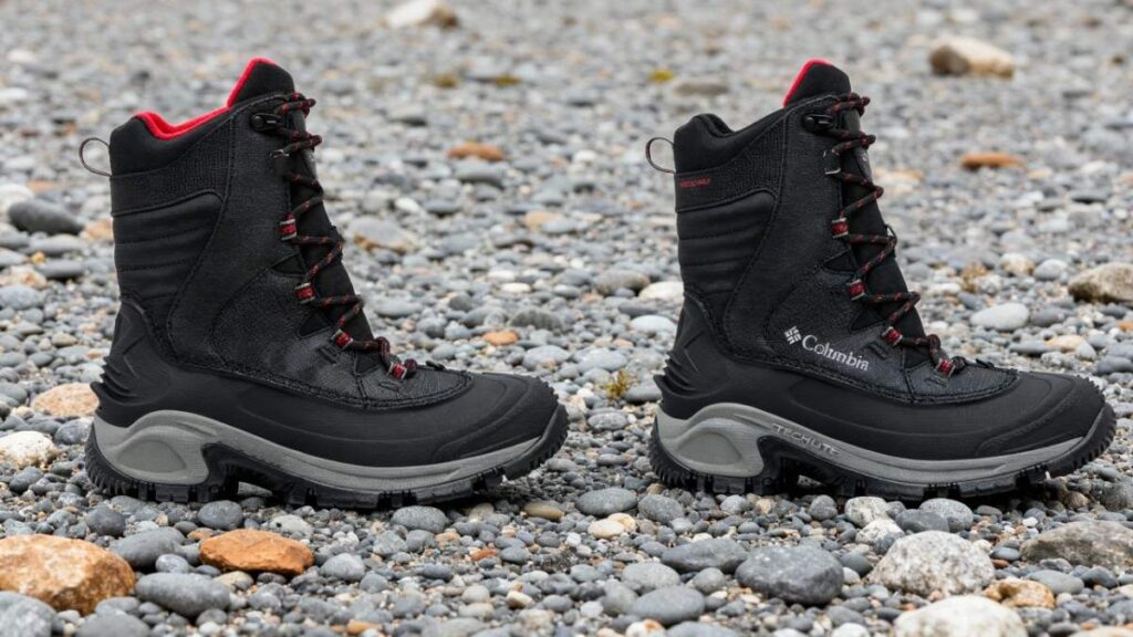 Side-by-side view of Columbia Bugaboot III placed on peddle rocks surface.