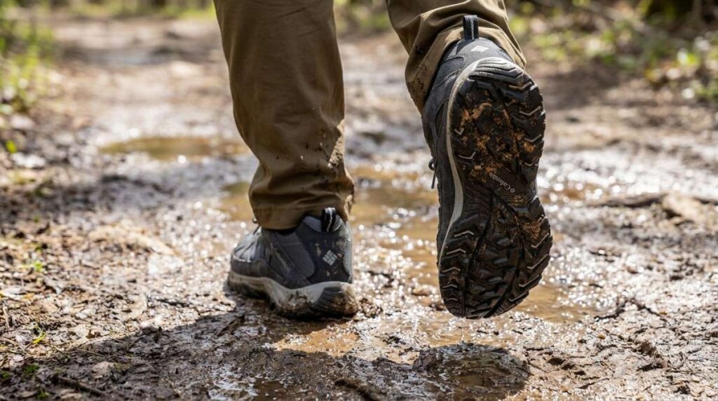 Hiker walking with Columbia Crestwood. 
