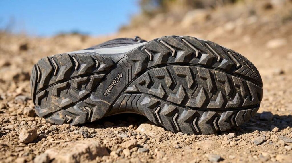 Outsole of Columbia Crestwood placed on a rocky dirt surface. 