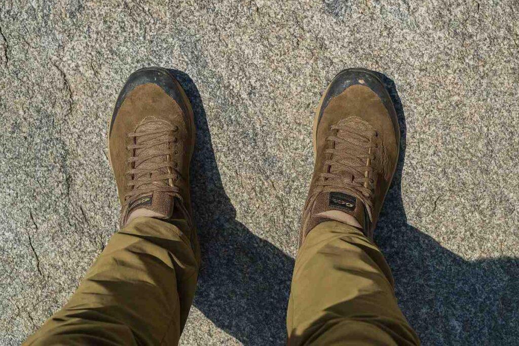 Above angle view of hiker's legs wearing Danner Trail 2650 GTX.