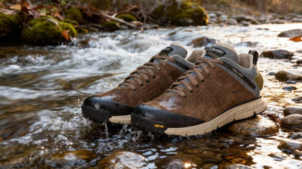 Pair of Danner Trail 2650 GTX placed in a water stream,