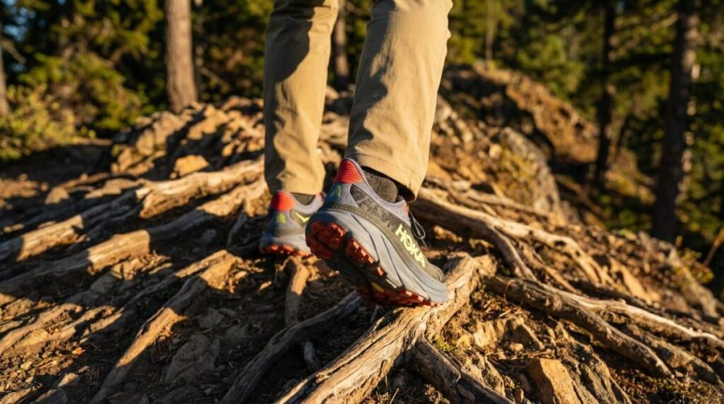 Legs shot of hiker walking on rooty surface wearing HOKA Challenger 7.