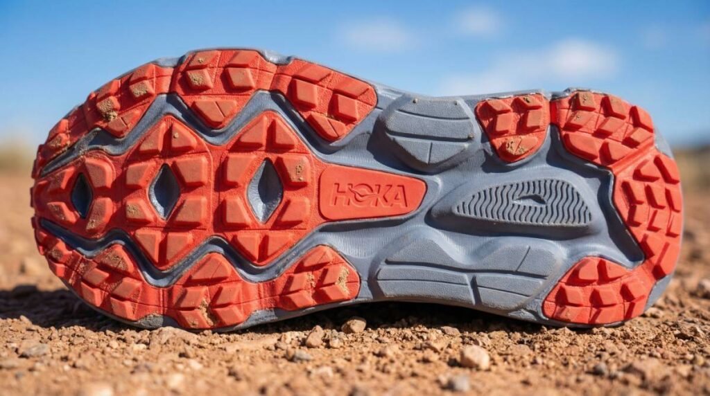 Outsole of HOKA Challenger 7 placed on a dirt trail. 