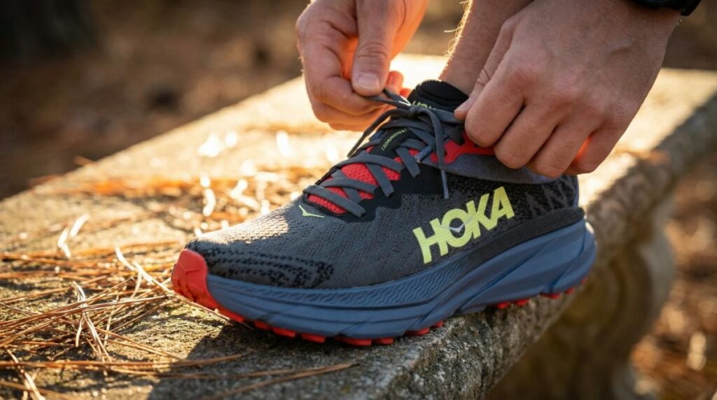 Close-up of hiker lacing HOKA Challenger 7.